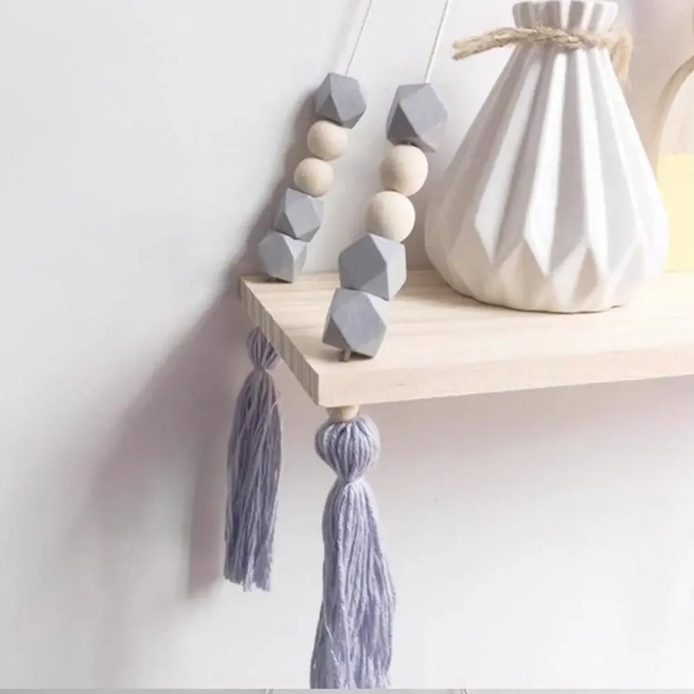 Nordic Wooden Hanging Shelf with Gray Beads and Tassels | Minimalist Boho Nurser